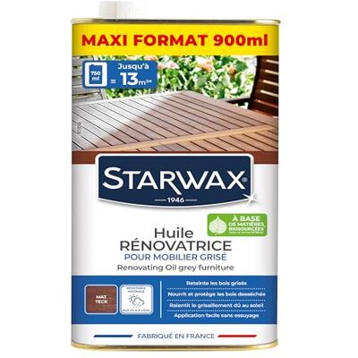 STARWAX — Renovieröl für vergraute Gartenmöbel aus Holz, Färbt neu, Pflegt und schützt ausgetrocknetes, verlangsamt die Vergrauung, Farbe: Mattes Teak, Maxi-Format: 900 ml = 13 m² STARWAX — Renovieröl für vergraute Gartenmöbel aus Holz, Färbt neu, Pflegt und schützt ausgetrocknetes, verlangsamt die Vergrauung, Farbe: Mattes Teak, Maxi-Format: 900 ml = 13 m²