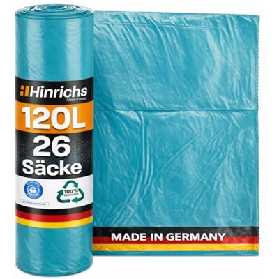 Hinrichs Müllsäcke 120L extra Stark 26er Rolle 70x110 cm Extrem reißfeste Müllbeutel Mülltüten aus Recycling LDPE Blaue Säcke Abfallsäcke für Haushalt, Garten & Baustelle Hinrichs Müllsäcke 120L extra Stark 26er Rolle 70x110 cm Extrem reißfeste Müllbeutel Mülltüten aus Recycling LDPE Blaue Säcke Abfallsäcke für Haushalt, Garten & Baustelle