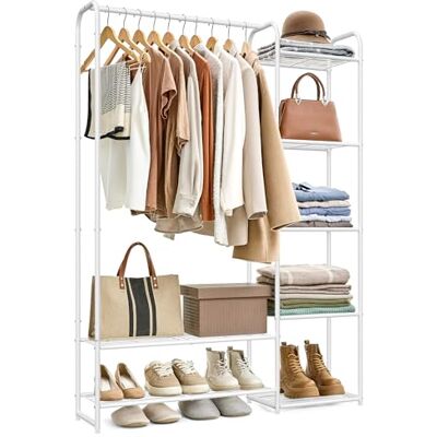 SONGMICS Kleiderständer, offener Kleiderschrank, Kleiderstange, Garderobenständer mit Ablagen, Garderobe aus Metall, freistehend, 29 x 112 x 158,4 cm, mattweiß LGR462W01 SONGMICS Kleiderständer, offener Kleiderschrank, Kleiderstange, Garderobenständer mit Ablagen, Garderobe aus Metall, freistehend, 29 x 112 x 158,4 cm, mattweiß LGR462W01