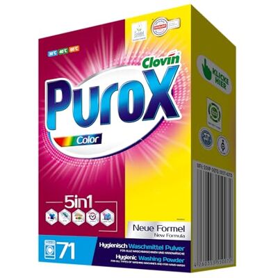 Clovin Purox PUROX COLOR Waschpulver 71 Waschladungen 5 kg – Universelles Pulver für Buntwäsche, Entfernt Flecken, Farbschonend, Effizient, Umweltfreundlich, Hand- & Maschinenwäsche, Kalkschutz Clovin Purox PUROX COLOR Waschpulver 71 Waschladungen 5 kg – Universelles Pulver für Buntwäsche, Entfernt Flecken, Farbschonend, Effizient, Umweltfreundlich, Hand- & Maschinenwäsche, Kalkschutz
