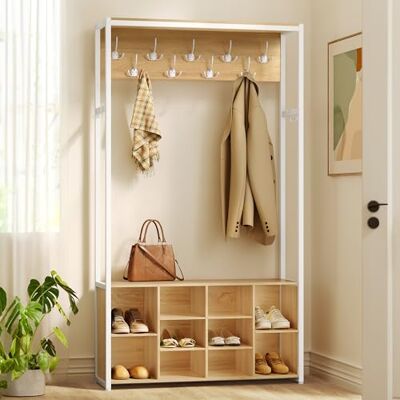 VASAGLE Kleiderständer, Garderobe, Eingangsmöbel mit Schuhregal, offene Fächer, Kleiderhaken, verstellbare Ablagen, modern, für Flur, Eingangsbereich, eichenfarben-weiß HSR432YA01 VASAGLE Kleiderständer, Garderobe, Eingangsmöbel mit Schuhregal, offene Fächer, Kleiderhaken, verstellbare Ablagen, modern, für Flur, Eingangsbereich, eichenfarben-weiß HSR432YA01