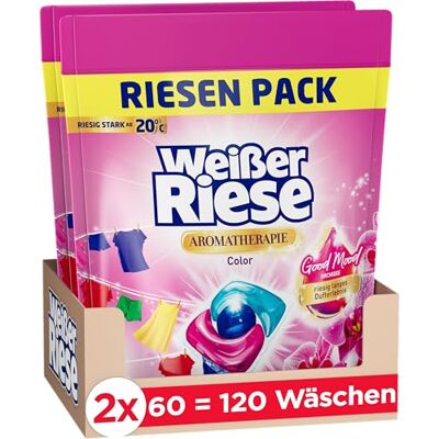 Weißer Riese Color Trio-Caps Aromatherapie Orchidee (120 Waschladungen), Color Waschmittel mit Good Mood-Duft für ein riesig langes Dufterlebnis und strahlend saubere Wäsche, 100% recycelbar Weißer Riese Color Trio-Caps Aromatherapie Orchidee (120 Waschladungen), Color Waschmittel mit Good Mood-Duft für ein riesig langes Dufterlebnis und strahlend saubere Wäsche, 100% recycelbar