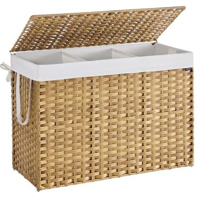 SONGMICS Wäschekorb 3 Fächern, Wäschesammler 200 L, Wäschebox aus synthetischem Rattan, mit Deckel und Griffen, geflochten, faltbar, herausnehmbarer Wäschesack, naturfarben LCB320Y01 SONGMICS Wäschekorb 3 Fächern, Wäschesammler 200 L, Wäschebox aus synthetischem Rattan, mit Deckel und Griffen, geflochten, faltbar, herausnehmbarer Wäschesack, naturfarben LCB320Y01