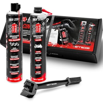 ERRECOM 1000 Miglia Clean&Lube Rennmotorrad Kettenkit; enthält Hochdruck Kettenentfetter 750ml+Rennomotorrad Hochleistungs-Kettenschmiermittel 750ml+Huggie System u. 90° Verlängerung+Bürste+Handschuhe ERRECOM 1000 Miglia Clean&Lube Rennmotorrad Kettenkit; enthält Hochdruck Kettenentfetter 750ml+Rennomotorrad Hochleistungs-Kettenschmiermittel 750ml+Huggie System u. 90° Verlängerung+Bürste+Handschuhe