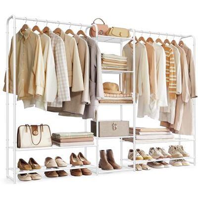 SONGMICS Kleiderständer, offener Kleiderschrank, Kleiderstange, Garderobenständer mit Ablagen, Garderobe aus Metall, freistehend, 29 x 183 x 158,4 cm, mattweiß LGR463W01 SONGMICS Kleiderständer, offener Kleiderschrank, Kleiderstange, Garderobenständer mit Ablagen, Garderobe aus Metall, freistehend, 29 x 183 x 158,4 cm, mattweiß LGR463W01