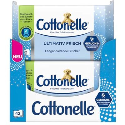 Cottonelle Feuchtes Toilettenpapier, Ultimativ Frisch, 12 x 42 Tücher, DEODYCYLX-Technologie, Sanft zur Haut, Ohne Alkohol und Farbstoffe, Sensitive, Biologisch Abbaubar Cottonelle Feuchtes Toilettenpapier, Ultimativ Frisch, 12 x 42 Tücher, DEODYCYLX-Technologie, Sanft zur Haut, Ohne Alkohol und Farbstoffe, Sensitive, Biologisch Abbaubar