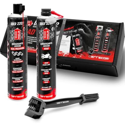 ERRECOM Clean&Lube Straßenmotorrad Kettenkit; enthält Hochdruckspray Kettenentfetter 750ml+ Straßenmotorrad Kettenschmiermittel 750ml+Huggie System und 90° Verlängerung+Bürste+Handschuhe ERRECOM Clean&Lube Straßenmotorrad Kettenkit; enthält Hochdruckspray Kettenentfetter 750ml+ Straßenmotorrad Kettenschmiermittel 750ml+Huggie System und 90° Verlängerung+Bürste+Handschuhe