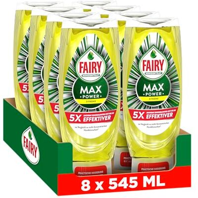 Fairy Max Power Zitrone Handgeschirrspülmittel 8x545ml, effektive Formel für sauberes Geschirr und Fettlösekraft bei fettigsten Töpfen und Pfannen, Flasche mit Auslaufschutz Fairy Max Power Zitrone Handgeschirrspülmittel 8x545ml, effektive Formel für sauberes Geschirr und Fettlösekraft bei fettigsten Töpfen und Pfannen, Flasche mit Auslaufschutz