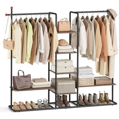 SONGMICS HOME Garderobenständer, offener Kleiderschrank, Kleiderständer, 6 Ablagen, 2 Kleiderstangen, Haken in Streichholz-Form, für Schlafzimmer, naturwalnussfarben-tintenschwarz RGR012B01 SONGMICS HOME Garderobenständer, offener Kleiderschrank, Kleiderständer, 6 Ablagen, 2 Kleiderstangen, Haken in Streichholz-Form, für Schlafzimmer, naturwalnussfarben-tintenschwarz RGR012B01