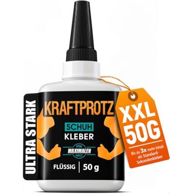 KRAFTPROTZ Schuhkleber extra stark flüssig – 50 g XXL Sekundenkleber wasserfest, transparent & hitzebeständig – Anti-Austrocknungs-Spitze – Superkleber für Schuhe, Sohlen, Leder, Gummi & Sneaker KRAFTPROTZ Schuhkleber extra stark flüssig – 50 g XXL Sekundenkleber wasserfest, transparent & hitzebeständig – Anti-Austrocknungs-Spitze – Superkleber für Schuhe, Sohlen, Leder, Gummi & Sneaker