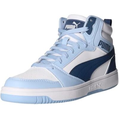 Puma Unisex Kinder Rebound V6 Mid Jr Sneaker, White Dark Indigo Haute Tropic, 4 UK EU Puma Unisex Kinder Rebound V6 Mid Jr Sneaker, White Dark Indigo Haute Tropic, 4 UK EU