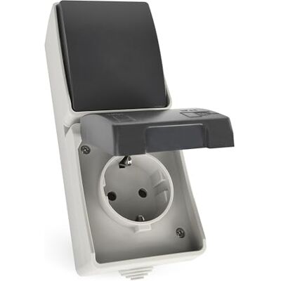 EMOS Wechselschalter und Steckdose mit Schutzkontakt Aufputz-Kombination Schuko-Steckdose und Schalter zur vertikalen Wandmontage 250 V~/16 A max., IP44 für Feuchtraum und Außen Schwarz-Grau EMOS Wechselschalter und Steckdose mit Schutzkontakt Aufputz-Kombination Schuko-Steckdose und Schalter zur vertikalen Wandmontage 250 V~/16 A max., IP44 für Feuchtraum und Außen Schwarz-Grau
