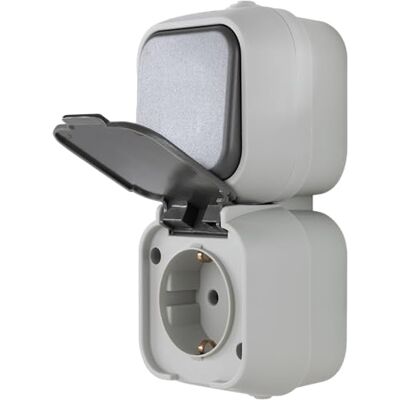 REV Standard, Steckdose A/W Schalterkombi, IP44, einpolig, Aufputz, senkrecht, grau REV Standard, Steckdose A/W Schalterkombi, IP44, einpolig, Aufputz, senkrecht, grau