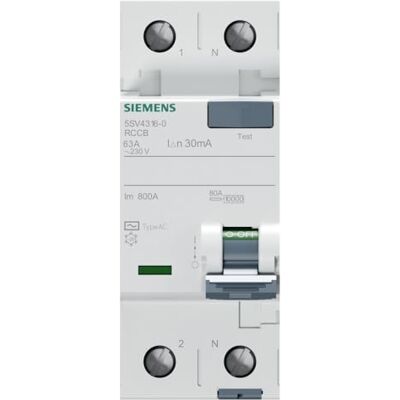 Siemens SENTRON FI-Schutzschalter, 2-polig, 63A, 30 mA Typ AC SENTRON EAC, UKCA, CE, VDE Siemens SENTRON FI-Schutzschalter, 2-polig, 63A, 30 mA Typ AC SENTRON EAC, UKCA, CE, VDE