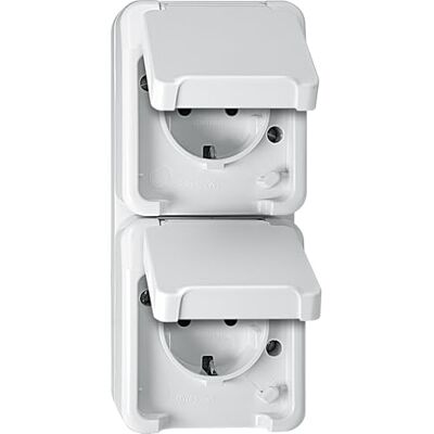 Schneider Electric Merten Schuko-Steckdose mit Klappdeckel, 2-fach, Aufputz, senkrecht,Berührungsschutz, IP44, Aquastar, polarweiss, Artikelnummer MEG2328-8019 Schneider Electric Merten Schuko-Steckdose mit Klappdeckel, 2-fach, Aufputz, senkrecht,Berührungsschutz, IP44, Aquastar, polarweiss, Artikelnummer MEG2328-8019