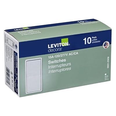 Leviton 5601-2WM 15 A, 120/277 Volt, Decora Wippschalter, einpolig, Wechselstrom, leiser Schalter, Wohnqualität, Erdung, 10 Stück, Weiß Leviton 5601-2WM 15 A, 120/277 Volt, Decora Wippschalter, einpolig, Wechselstrom, leiser Schalter, Wohnqualität, Erdung, 10 Stück, Weiß
