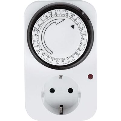 Glowster Mechanische Wochenzeitschaltuhr mit Steckdose, weiß, ideal für die Programmierung elektrischer Geräte und zur Optimierung des Energieverbrauchs. Glowster Mechanische Wochenzeitschaltuhr mit Steckdose, weiß, ideal für die Programmierung elektrischer Geräte und zur Optimierung des Energieverbrauchs.