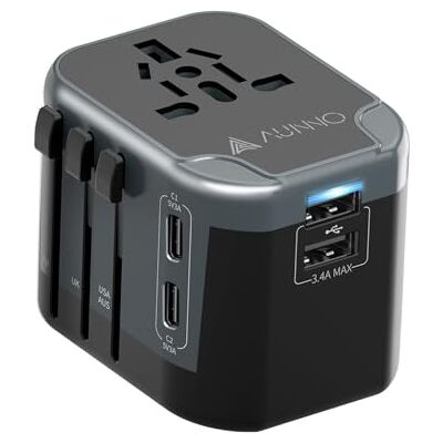 AUNNO Reiseadapter Weltweit, internationaler Reiseadapter mit 2 USB-C- und 2 USB-Anschlüssen, All-in-One-Steckeradapter mit doppelter Sicherung, UK-zu-Europa-Adapter für EU, USA, Australien usw AUNNO Reiseadapter Weltweit, internationaler Reiseadapter mit 2 USB-C- und 2 USB-Anschlüssen, All-in-One-Steckeradapter mit doppelter Sicherung, UK-zu-Europa-Adapter für EU, USA, Australien usw
