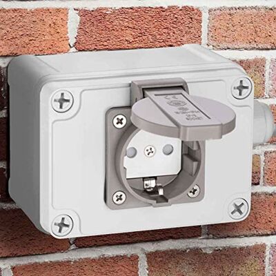 BAKAJI Shucko Steckdosenleiste für den Außenbereich, Garten, wasserdicht, IP65, aus feuerfestem ABS-Kunststoff, mit Tür und Kinderschutz, Größe 2,5 x 8 x 9 cm BAKAJI Shucko Steckdosenleiste für den Außenbereich, Garten, wasserdicht, IP65, aus feuerfestem ABS-Kunststoff, mit Tür und Kinderschutz, Größe 2,5 x 8 x 9 cm
