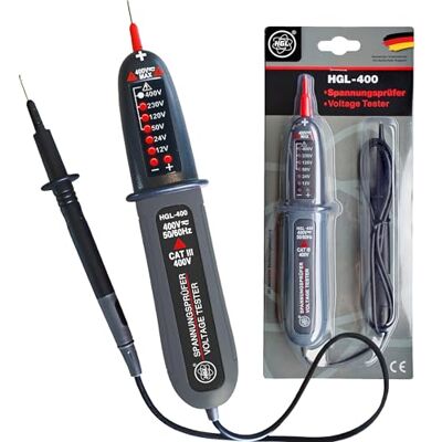 HGL -400 Spannungsprüfer zweipolig 12V bis 400V AC/DC mit LED Anzeige, Phasenprüfer, IP54 Spritzwassergeschützt, keine Batterien benötigt, Spannungsmesser 2-polig, Steckdosen Messgerät HGL -400 Spannungsprüfer zweipolig 12V bis 400V AC/DC mit LED Anzeige, Phasenprüfer, IP54 Spritzwassergeschützt, keine Batterien benötigt, Spannungsmesser 2-polig, Steckdosen Messgerät