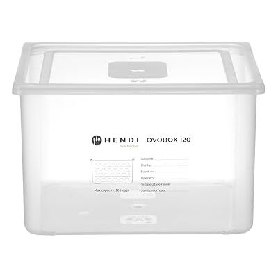 HENDI Eierbox, mit 8 Eierschalen, für 4 mit Eiern gefüllte Schalen, 120 Eier, Temperaturbeständig von -40° bis 80°C, Eierbehälter, OVOBOX 120, GN2/3, 255x325x(H)202mm, Polypropylen, PET, Transparent HENDI Eierbox, mit 8 Eierschalen, für 4 mit Eiern gefüllte Schalen, 120 Eier, Temperaturbeständig von -40° bis 80°C, Eierbehälter, OVOBOX 120, GN2/3, 255x325x(H)202mm, Polypropylen, PET, Transparent