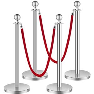 VEVOR Absperrpfosten Absperrung (4 Stk.) zur Steuerung von Menschenmengen mit 2 roten Samtseilen (1,5 m lang), Absperrständer aus Edelstahl mit nachfüllbarem Sockel für Ausstellungen Silber VEVOR Absperrpfosten Absperrung (4 Stk.) zur Steuerung von Menschenmengen mit 2 roten Samtseilen (1,5 m lang), Absperrständer aus Edelstahl mit nachfüllbarem Sockel für Ausstellungen Silber
