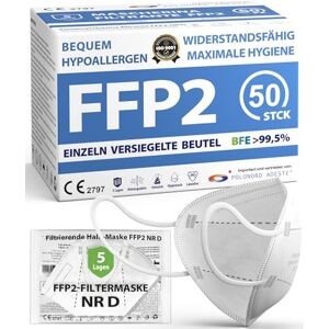 Polonord Adeste ADESTE – 50x FFP2 NR D Maske, Hygienische 5-lagige Staubschutzmaske, EN149:2001+A1:2009 Mundschutzmaske EU2016/425, Weiß, Atemschutzmaske, Einzelne versiegelte Beutel Polonord Adeste ADESTE – 50x FFP2 NR D Maske, Hygienische 5-lagige Staubschutzmaske, EN149:2001+A1:2009 Mundschutzmaske EU2016/425, Weiß, Atemschutzmaske, Einzelne versiegelte Beutel