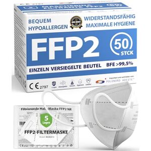 Polonord Adeste ADESTE 50 FFP2 Masken, hygienische 5-lagige Staubschutzmaske, EN149:2001+A1:2009 Mundschutzmaske EU2016/425, weiß, Atemschutzmaske, Einzelne versiegelte Beutel Polonord Adeste ADESTE 50 FFP2 Masken, hygienische 5-lagige Staubschutzmaske, EN149:2001+A1:2009 Mundschutzmaske EU2016/425, weiß, Atemschutzmaske, Einzelne versiegelte Beutel