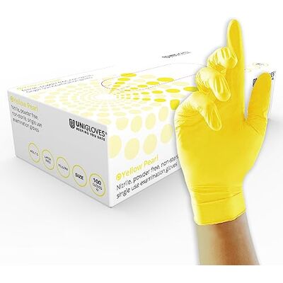 UNIGLOVES Yellow Pearl Nitril-Untersuchungshandschuhe vielseitig einsetzbar, puderfreie und latexfreie Einweghandschuhe Box mit 100 Handschuhen, Gelb, Klein (GP0112) UNIGLOVES Yellow Pearl Nitril-Untersuchungshandschuhe vielseitig einsetzbar, puderfreie und latexfreie Einweghandschuhe Box mit 100 Handschuhen, Gelb, Klein (GP0112)