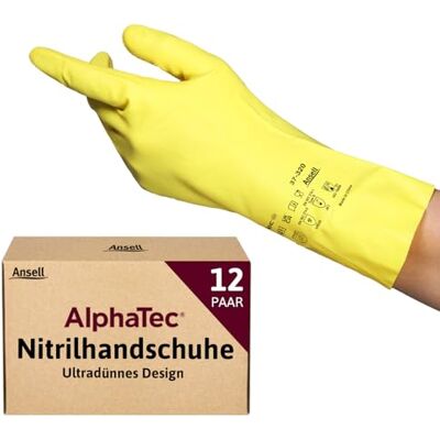 Ansell AlphaTec 37-320 Mehrzweckhandschuhe aus Nitril, Chemikalienschutz, Lebensmittel Geeignet, Wiederverwendbare Nitrilhandschuhe, Hausputz, Haushalt, Kochen, Gelb, Größe L (12 Paar) Ansell AlphaTec 37-320 Mehrzweckhandschuhe aus Nitril, Chemikalienschutz, Lebensmittel Geeignet, Wiederverwendbare Nitrilhandschuhe, Hausputz, Haushalt, Kochen, Gelb, Größe L (12 Paar)
