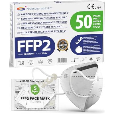 Polonord Adeste ADESTE – 50x FFP2 NR D Maske, Hygienische 5-lagige Staubschutzmaske, EN149:2001+A1:2009 Mundschutzmaske EU2016/425, Weiß, Atemschutzmaske, Einzelne versiegelte Beutel Polonord Adeste ADESTE – 50x FFP2 NR D Maske, Hygienische 5-lagige Staubschutzmaske, EN149:2001+A1:2009 Mundschutzmaske EU2016/425, Weiß, Atemschutzmaske, Einzelne versiegelte Beutel