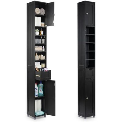 VOUNOT Badezimmerschrank Hoch mit 2 Türen und 1 Schublade, Badschrank Schmal, Badezimmer Hochschrank, 20x20x180cm, Schwarz VOUNOT Badezimmerschrank Hoch mit 2 Türen und 1 Schublade, Badschrank Schmal, Badezimmer Hochschrank, 20x20x180cm, Schwarz