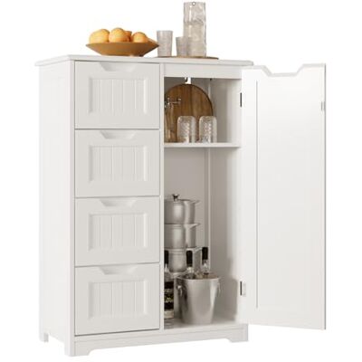Bealife Stand-Badezimmerschrank, Weißer Badezimmerschrank mit Verstellbaren Einlegeböden und 4 Schubladen für Bad und Wohnzimmer, 30 x 60 x 85 cm Bealife Stand-Badezimmerschrank, Weißer Badezimmerschrank mit Verstellbaren Einlegeböden und 4 Schubladen für Bad und Wohnzimmer, 30 x 60 x 85 cm