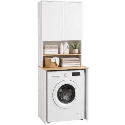 Relaxdays Waschmaschinenschrank, 4 Fächer, HxBxT: 188,5 x 68 x 60 cm, Überbauregal Waschmaschine, Trockner, weiß/Natur Relaxdays Waschmaschinenschrank, 4 Fächer, HxBxT: 188,5 x 68 x 60 cm, Überbauregal Waschmaschine, Trockner, weiß/Natur