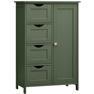 VASAGLE Badezimmerschrank, schmaler Badschrank, Beistellschrank, Kommode, mit 4 Schubladen, Schranktür, verstellbare Ablage, 30 x 55 x 82 cm, waldgrün LHC041C01 VASAGLE Badezimmerschrank, schmaler Badschrank, Beistellschrank, Kommode, mit 4 Schubladen, Schranktür, verstellbare Ablage, 30 x 55 x 82 cm, waldgrün LHC041C01