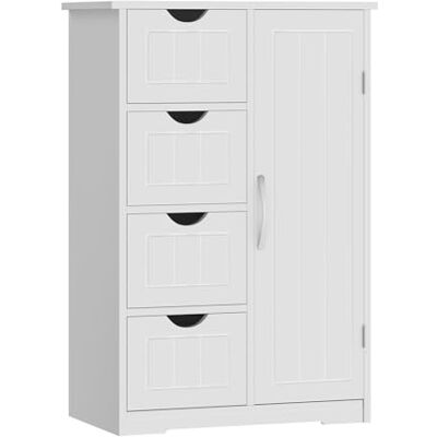 Sweetcrispy Badezimmerschrank modern, mit 4 Schubladen & 1 Tür, Hochglanz Weiß mit Einlegeboden & großem Stauraum, schmale Badkommode, Badezimmer Kommode, 55x30x 82cm Sweetcrispy Badezimmerschrank modern, mit 4 Schubladen & 1 Tür, Hochglanz Weiß mit Einlegeboden & großem Stauraum, schmale Badkommode, Badezimmer Kommode, 55x30x 82cm