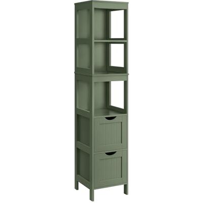 VASAGLE Badezimmerschrank, Schrank freistehend, Badezimmermöbel, mit 2 Schubladen, offenen Fächern, für Badezimmer, Wohnzimmer, Küche, modern, 30 x 30 x 141,5 cm, waldgrün BBC066C01 VASAGLE Badezimmerschrank, Schrank freistehend, Badezimmermöbel, mit 2 Schubladen, offenen Fächern, für Badezimmer, Wohnzimmer, Küche, modern, 30 x 30 x 141,5 cm, waldgrün BBC066C01