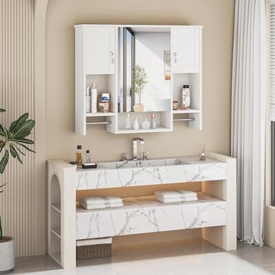 VECELO Wandmontierter Spiegelschrank 18 × 89 × 73 cm, hängender Badschrank mit 2 Türen, verstellbaren Ablagen, offenen Fächern und 2 Handtuchhaltern, ideal für Badezimmer und Küche, Weiß VECELO Wandmontierter Spiegelschrank 18 × 89 × 73 cm, hängender Badschrank mit 2 Türen, verstellbaren Ablagen, offenen Fächern und 2 Handtuchhaltern, ideal für Badezimmer und Küche, Weiß