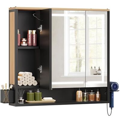 YITAHOME Spiegelschrank Bad mit Beleuchtung, LED Badezimmer Spiegelschrank mit 3 Türen, Steckdosen, Wandschrank, Badezimmerspiegel, hängender Badezimmerschrank, 80W x 15D x 75H cm, Braun and Schwarz YITAHOME Spiegelschrank Bad mit Beleuchtung, LED Badezimmer Spiegelschrank mit 3 Türen, Steckdosen, Wandschrank, Badezimmerspiegel, hängender Badezimmerschrank, 80W x 15D x 75H cm, Braun and Schwarz