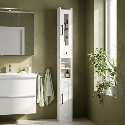 IRONCK Badezimmerschrank, Badschrank, 180 cm Hoch Schmaler Aufbewahrungsschrank mit Schublade, verstellbaren Ablagen und Toilettenpapierhalter, für Kleine Räume, Weiß, 20×20×180cm IRONCK Badezimmerschrank, Badschrank, 180 cm Hoch Schmaler Aufbewahrungsschrank mit Schublade, verstellbaren Ablagen und Toilettenpapierhalter, für Kleine Räume, Weiß, 20×20×180cm