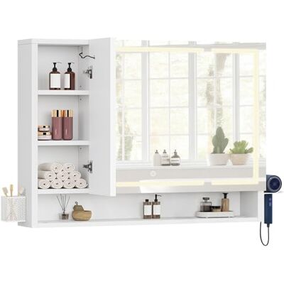 YITAHOME Spiegelschrank Bad mit Beleuchtung, LED Badezimmer Spiegelschrank mit 3 Türen, Steckdosen, Wandschrank, Badezimmerspiegel, Hängender Badezimmerschrank, 100W x 15D x 75H cm, Weiß YITAHOME Spiegelschrank Bad mit Beleuchtung, LED Badezimmer Spiegelschrank mit 3 Türen, Steckdosen, Wandschrank, Badezimmerspiegel, Hängender Badezimmerschrank, 100W x 15D x 75H cm, Weiß