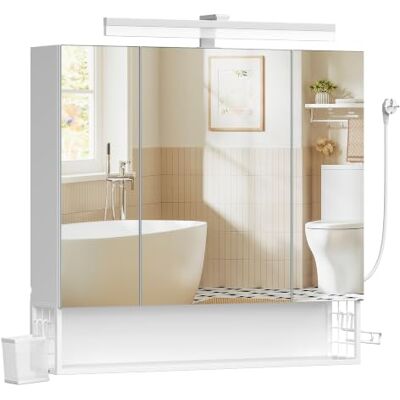 VASAGLE Spiegelschrank Bad mit Beleuchtung, Stecker, Hängekorb, Haartrockner-Halter, Badezimmerschrank, Badschrank, Wandschrank, 80 x 16,5 x 75 cm, 3 Spiegeltüren, weiß BBK146WB01 VASAGLE Spiegelschrank Bad mit Beleuchtung, Stecker, Hängekorb, Haartrockner-Halter, Badezimmerschrank, Badschrank, Wandschrank, 80 x 16,5 x 75 cm, 3 Spiegeltüren, weiß BBK146WB01