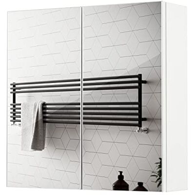 Mondeer Spiegelschrank, Badezimmerspiegel mit 2 Türen 2 Einlegeböden Holz Moderner Stil, 45 x 13 x 45 cm Weiß Mondeer Spiegelschrank, Badezimmerspiegel mit 2 Türen 2 Einlegeböden Holz Moderner Stil, 45 x 13 x 45 cm Weiß