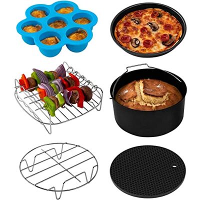 Cosori Heißluftfritteuse Zubehör, Sechsteiliges Zubehörset für 5,5L Fritteusen Air Fyer aller Marken, Backform, Pizza Pan, Grillrost, Dämpfen Rack, Silikonmatte, Muffinform Cosori Heißluftfritteuse Zubehör, Sechsteiliges Zubehörset für 5,5L Fritteusen Air Fyer aller Marken, Backform, Pizza Pan, Grillrost, Dämpfen Rack, Silikonmatte, Muffinform