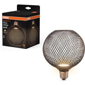 Osram DECOR LED FLAT GLOBE ist eine flache runde Lampe mit 3.5W, 300lm/2700K, in Warmweiß 827, frosted, aus Kunststoff in Schwarz, mit E27 Schraubgewinde, nicht dimmbar, 125 mm Durchmesser.