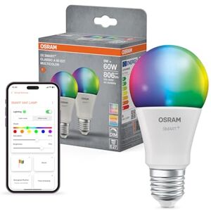 Osram SMART+ Birne mit Matter over Wifi, Vorteilspack mit 2 Stück, E27-Sockel, 9W, 16 Mio RGB-Farben, warmweiß-tageslichtweiß (2700-6500K), funktioniert mit Alexa, Google und Apple, 2er-Pack Osram SMART+ Birne mit Matter over Wifi, Vorteilspack mit 2 Stück, E27-Sockel, 9W, 16 Mio RGB-Farben, warmweiß-tageslichtweiß (2700-6500K), funktioniert mit Alexa, Google und Apple, 2er-Pack