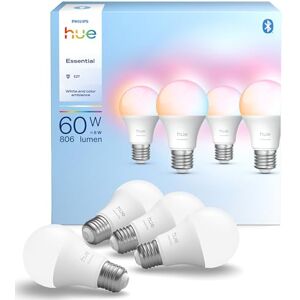 Philips Essential Smart LED A60 Lampe, Weiß und Farbiges LED Leuchtmittel, E27 Fassung, 8W, 2200K-6500K, 806 Lumen LED Licht, dimmbar, kompatibel mit Alexa, Google Assistant & Apple Home, 4er Pack Philips Essential Smart LED A60 Lampe, Weiß und Farbiges LED Leuchtmittel, E27 Fassung, 8W, 2200K-6500K, 806 Lumen LED Licht, dimmbar, kompatibel mit Alexa, Google Assistant & Apple Home, 4er Pack