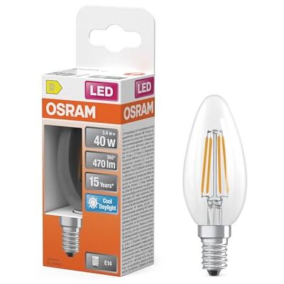 Osram LED-Lampe Star Kerzenform B40 Filament, 6500 K kaltweißes Tageslicht, 3,4 W, E14, klar, 470 lm, 15.000h, für Kronleuchter, Arbeitsplätze Osram LED-Lampe Star Kerzenform B40 Filament, 6500 K kaltweißes Tageslicht, 3,4 W, E14, klar, 470 lm, 15.000h, für Kronleuchter, Arbeitsplätze