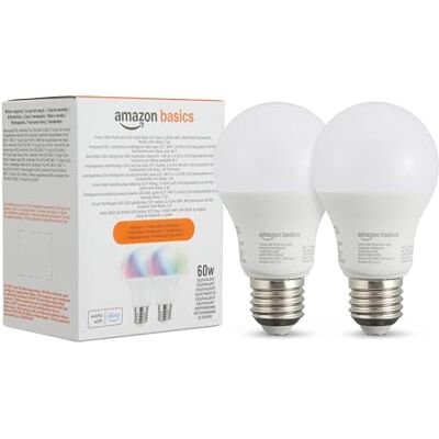 Amazon Basics Smarte LED-Glühbirne, farbenwechselnd, E27, 8W (entspricht 60W), funktioniert nur mit Alexa, 2 Stück, Mehrfarbig Amazon Basics Smarte LED-Glühbirne, farbenwechselnd, E27, 8W (entspricht 60W), funktioniert nur mit Alexa, 2 Stück, Mehrfarbig