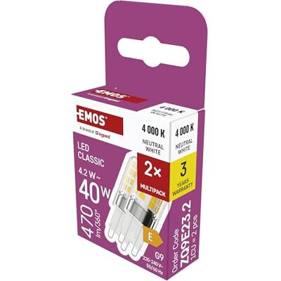 EMOS G9 LED Lampe CLASSIC, 2er Pack 4,2 Watt ersetzt 40 Watt Halogenlampe G9 Pin Lampe JC mit Helligkeit 470 Lumen Neutralweiß 4000 Kelvin langlebig 30000 h 300° Abstrahlwinkel SMD LEDs EMOS G9 LED Lampe CLASSIC, 2er Pack 4,2 Watt ersetzt 40 Watt Halogenlampe G9 Pin Lampe JC mit Helligkeit 470 Lumen Neutralweiß 4000 Kelvin langlebig 30000 h 300° Abstrahlwinkel SMD LEDs